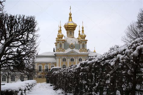 Royal Palace The Peterhof In Russia Golden Roofs Covered With Snow