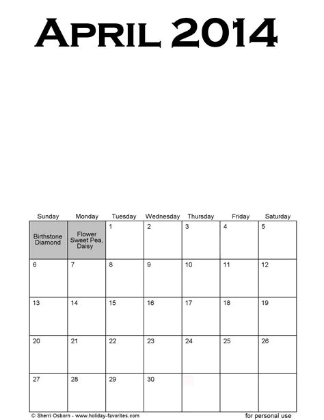 Printable April 2014 Calendars Holiday Favorites