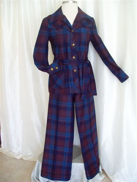 Vintage Ladies Pants Suit 70s Plaid Bellbottom Blue Burgundy