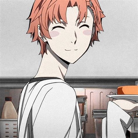 An Anime Character With Red Hair And White Shirt Standing In Front Of A