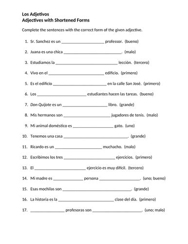 Adjetivos Spanish Adjectives With Shortened Forms Worksheet