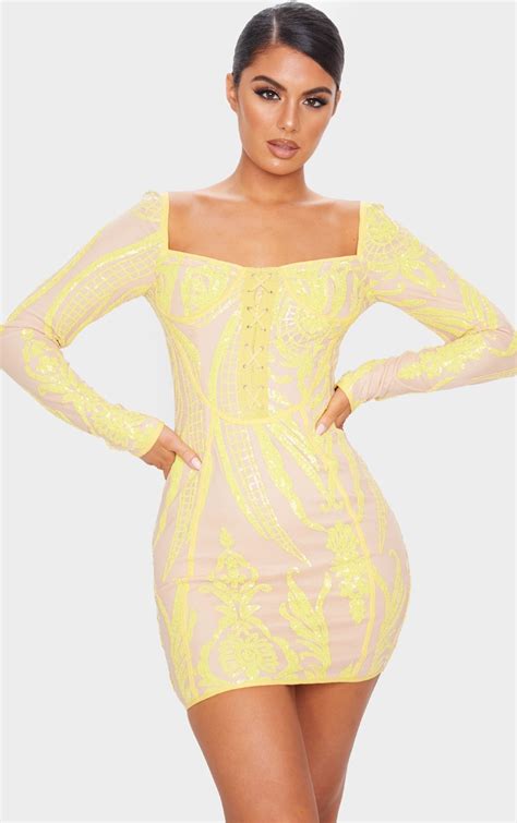 Yellow Sequin Patterened Bodice Bodycon Prettylittlething Qa