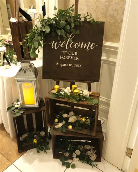 Welcome Sign Wedding Crates Rustic Greenery Flowers