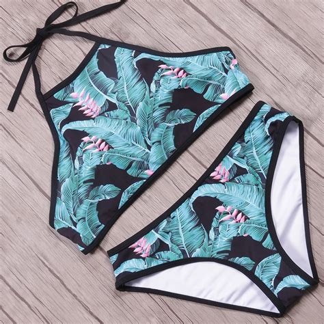 nakiaeoi sexy high neck bikini 2019 swimwear women swimsuit print green halter top brazilian