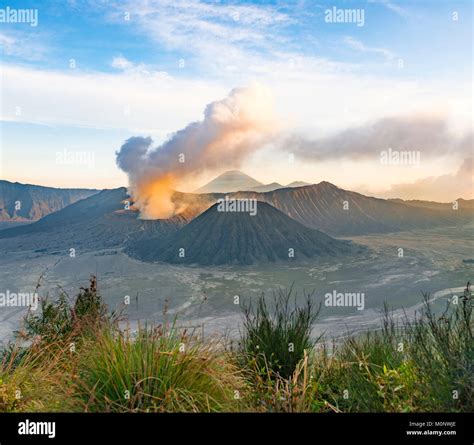 View Of Volcanoes At Sunsetsmoking Volcano Gunung Bromobatokmt