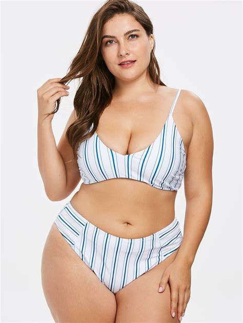 [32 Off] High Waisted Stripes Plus Size Bikini Set Rosegal