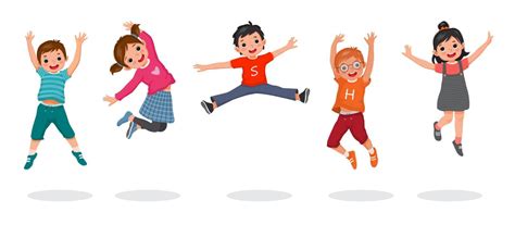 Group Of Happy Kids Jumping Together Joyfully With Hands Raising Up In