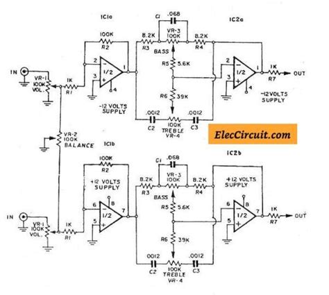 This bass and treble controllercircuit is based on the classicbaxandall tone control circuitry and provides a maximum cut and boost of around 10db at the gain of the stage is nearly unity. 3 (bass mid treble) Tone control circuits projects using NE5532 Alto Falante, Diagrama De ...