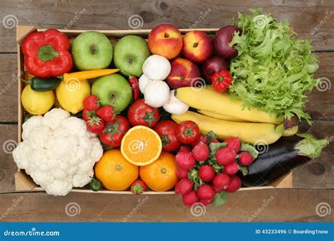 Healthy Eating Fruits And Vegetables In Box From Above Stock Photo