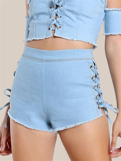 Shop Lace Up High Rise Denim Shorts Denim Online Shein Offers Lace Up High Rise Denim Shorts