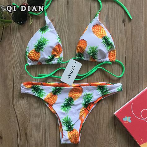 Qi Dian Pineapple Printing Brazilian Bathing Suit Sexy Push Up Bikini 2017 Swimsuit Bikini Set
