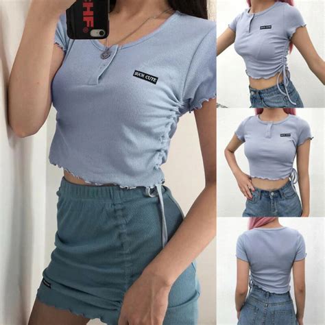 Sexy Women No Bra Club Letter Short Sleeve Blue Pullover Tops Fashion Casual Elastic Knitted T