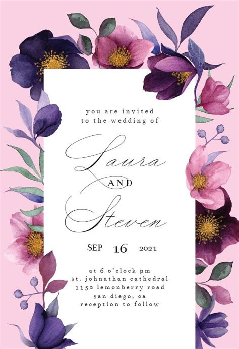 Pink Purple Flowers Wedding Invitation Template Free Greetings