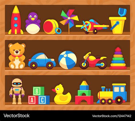 Kids Toys On Wood Shop Shelves Royalty Free Vector Image
