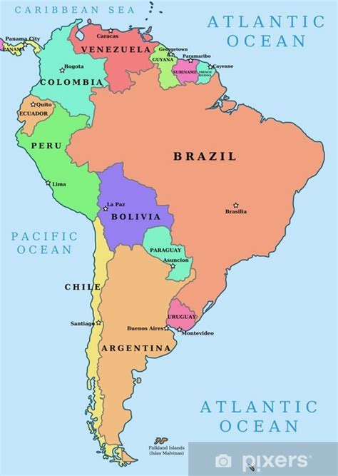 Adesivo Sud America Colorato Vettore Politico Mappa Pixersit