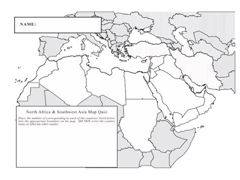 North Africa And Southwest Asia Map Quiz Worksheet For 7th 12th Grade