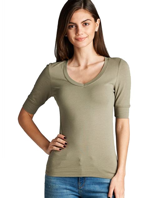 SNJ - Women's Basic Elbow Sleeve V-Neck Cotton T-Shirt Plain Top-Plus 