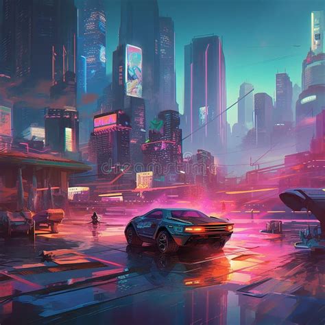 Vaporwave Futuristic Cityscape With Car Ai Generated Stock