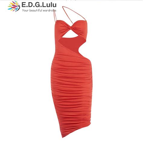 Edglulu Women Summer Sexy Deep V Neck Hollow Out Bodycon Party Dresses Backless Spaghetti Straps