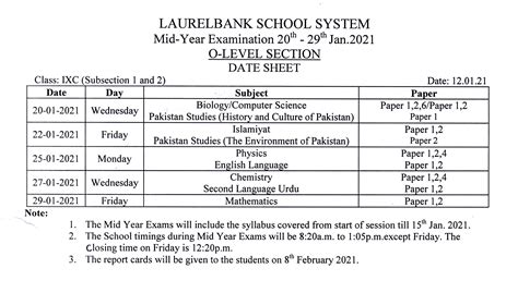 Date Sheet Mid Year Examination O Level Section Dated 12 January