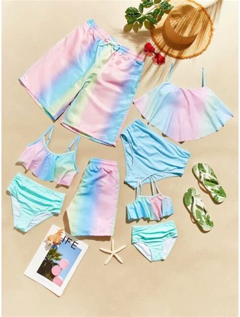 Buy Shein Girls 1set Random Ombre Hanky Hem Ruched Bikini Swimsuit