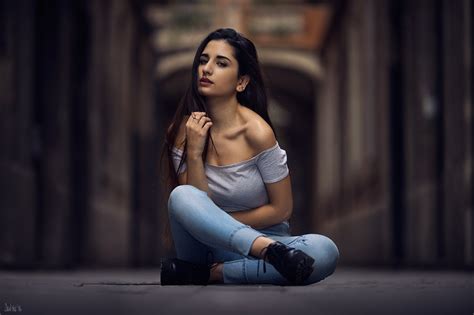 Wallpaper Id 821605 Women Brunette Looking At Viewer Jeans Long Hair 1080p Sitting