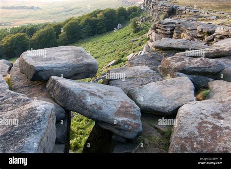Rocks Balancing On Stanage Edge Derbyshire Peak District Stock Photo