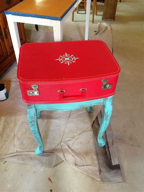 Betty Repurposed Vintage Suitcase And Side Table Turquoise Red The