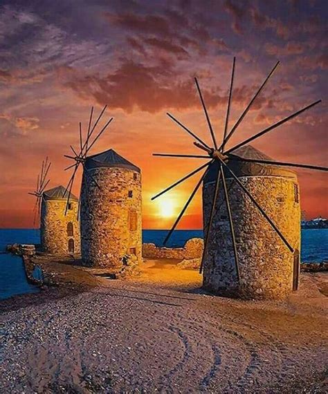 The Windmills In Chios Island Aegean Sea Greece Chios Greece Chios