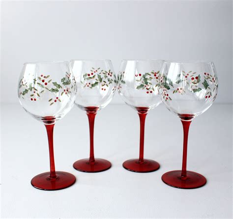 Crystal Wine Glasses Winterberry Goblets Vintage Christmas Glasses Red Berries Long Stem Wine