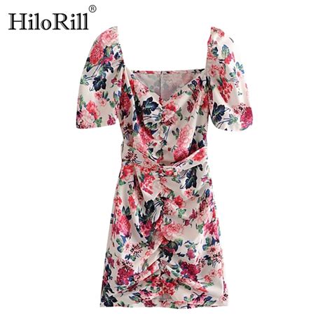 Hilorill Women Floral Print Mini Dress Sexy Bodycon Beach Dress With Belt Puff Short Sleeve Chic