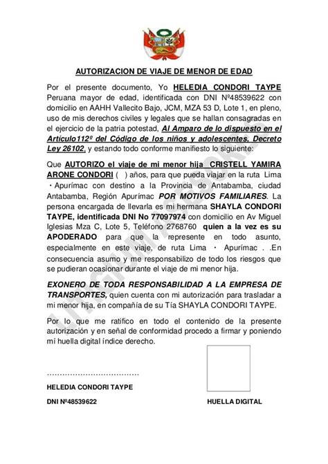 Carta De Autorizacion De Viaje Para Niños En Peru Caracteres Niños