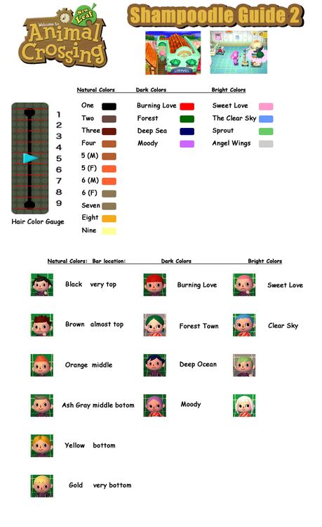 Shampoodle allows players to change their hairstyle and eye color from their initial style to a new one, determined by answering a series of questions proposed by harriet. Shampoodle Guide Hair color | Animal crossing, Animal ...