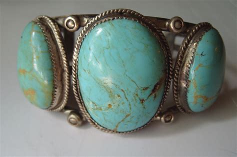 Vintage Large Navajo Sterling Silver Blue Turquoise Cuff Bracelet