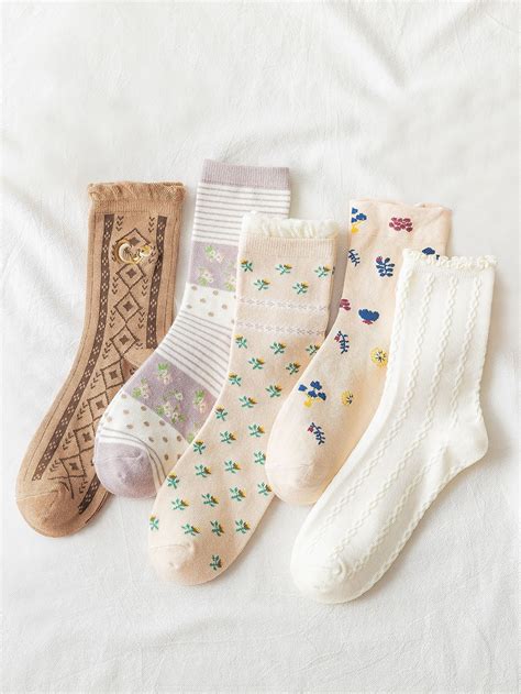 Emery Rose 5pairs Ditsy Floral Pattern Socks Patterned Socks Ditsy Floral Cute Socks