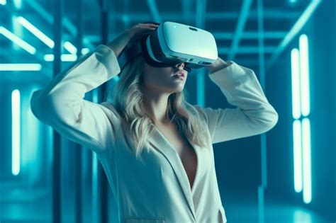 Premium Ai Image A Woman Wearing A Virtual Reality Headset Stands In A Tech Room
