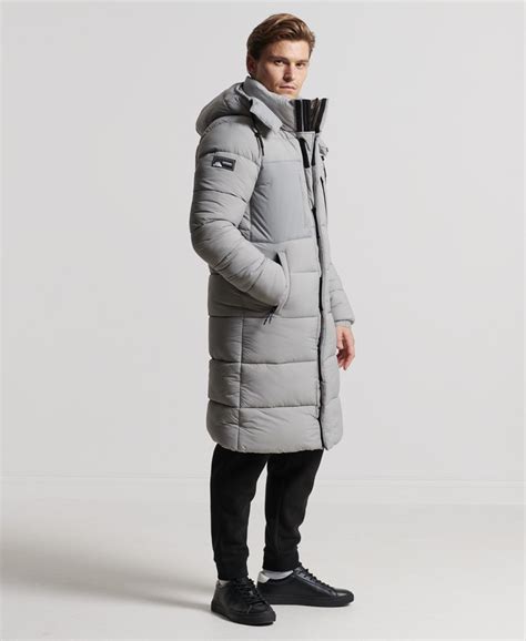 Mens Touchline Padded Longline Coat In Football Grid Dove Grey Superdry