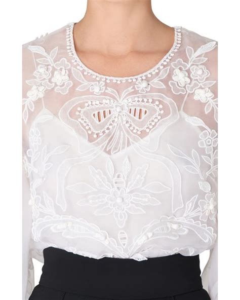 Carolina Herrera Embroidered Puff Sleeve Silk Organza Blouse In White