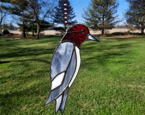 Red Headed Woodpecker Stained Glass Suncatcher Etsy