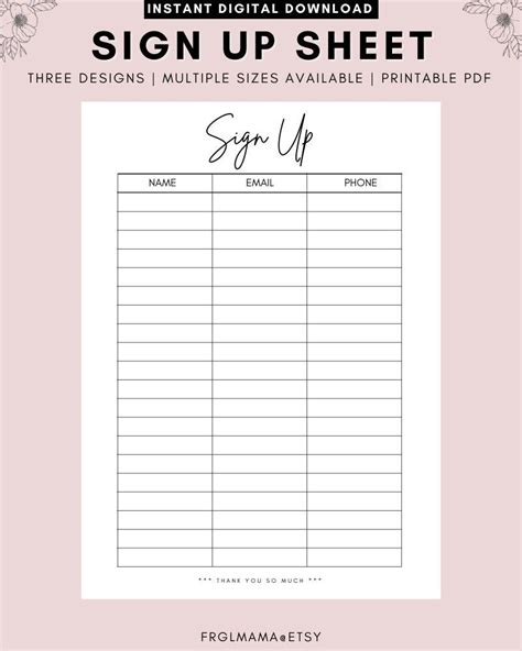 Minimalist Sign Up Sheet 3 Email Sign Up Forms Printable Etsy