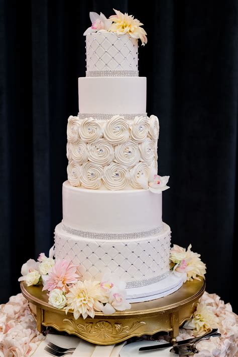 Five Tier Wedding Cake With Iced Rose Detailing Gold Wedding Cake