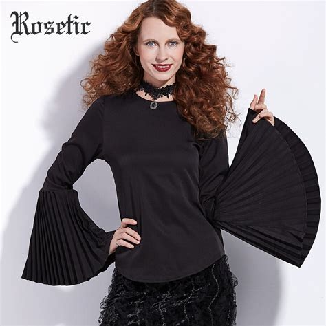 Rosetic Gothic Blouse Autumn Black Flare Sleeve O Neck Straight Goth