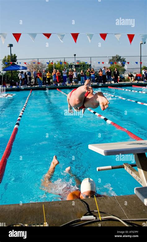 Swimmers And Their Competition In The Pool Stock Photo Alamy