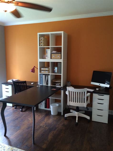 Desk type home office desk, desk with hutches, credenza desks. Home Office with IKEA desks. Dark Walnut Flooring, Flaming ...
