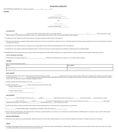 A separation agreement is a contract between a husband and a wife that states the terms of their separation. Editable Free North Carolina Marital Separation Agreement Divorce Financial Agreement Template ...