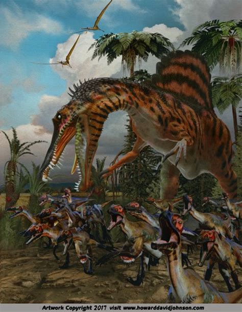 Dinosaur Illustration Spinosaurus Hunting Raptors Herd