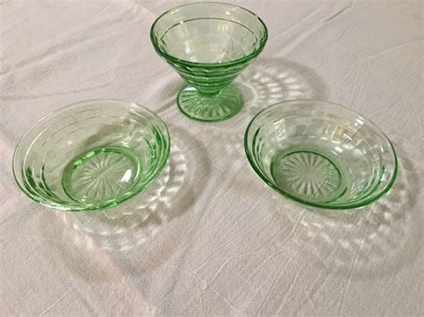 Collectible Uranium Vaseline Green Depression Glass Dessert Dishes Lot Of 3 Antique Price