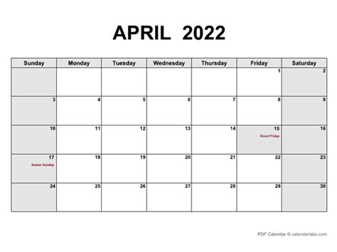 April 2022 Calendar Calendarlabs