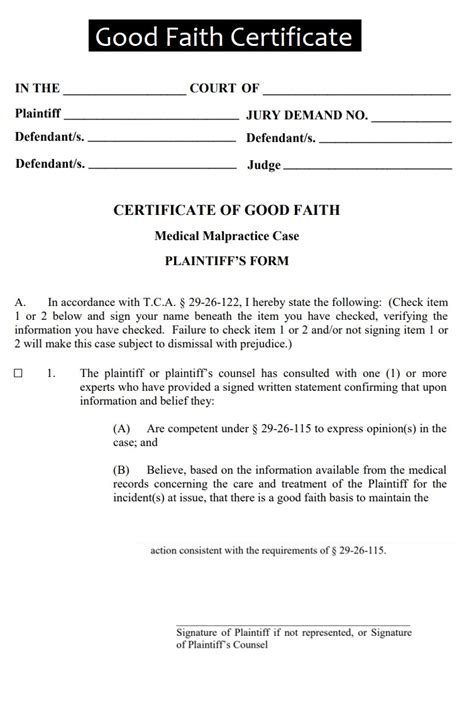 Good Faith Certificate Template Free Word And Excel Templates