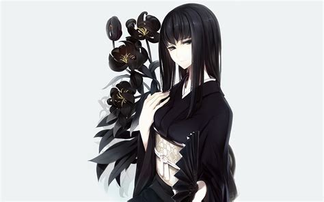 Black Haired Girl Anime In Black Yukata Holding Black Flowers Illustration Hd Wallpaper